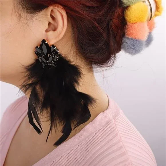 Long Feather Earrings Bohemian Earrings Multicolor Tassel for Women (Black) - Picture 2 of 7